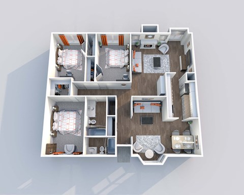 a 3d floor plan of a 3 bedroom apartment